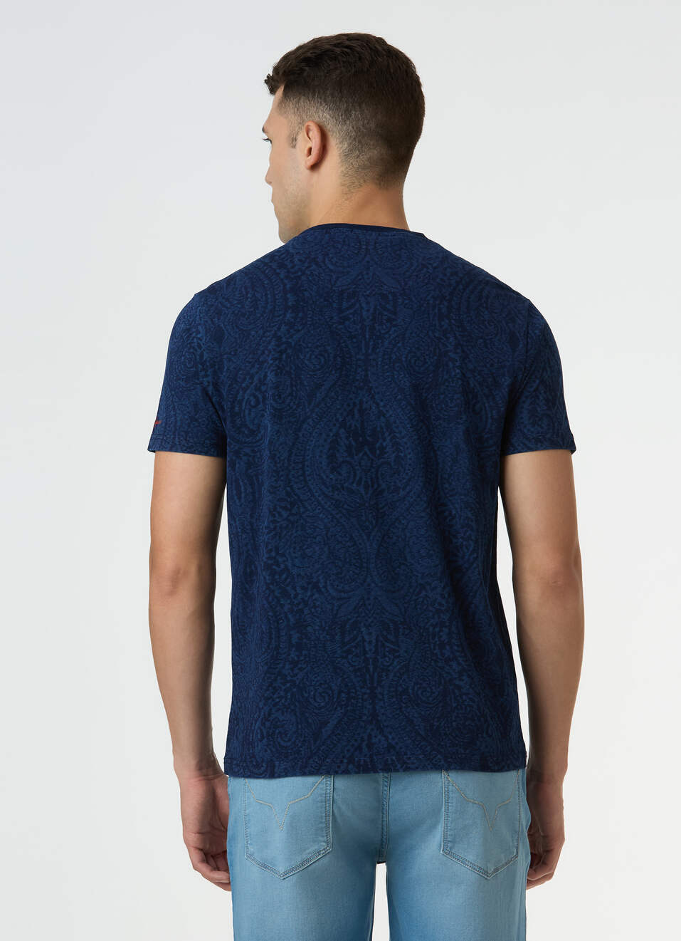 Men Blue Damask Print Short Sleeve T-shirt, , large image number 2