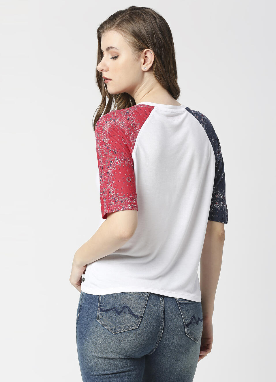 Bandana Sleeve Print Color Block T-shirt, , large image number 2
