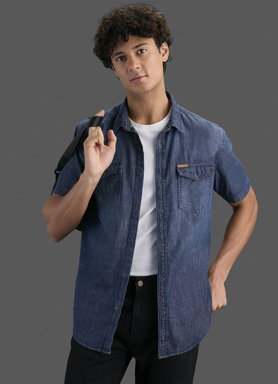 Men Dark Blue Short Sleeve Denim Shirt, , large image number 0