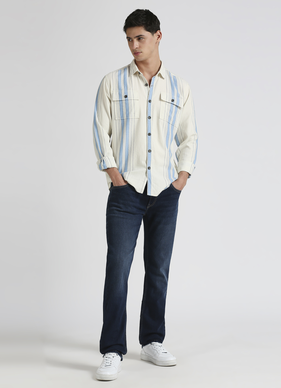 Ecru Stripes Long Sleeve Double Pocket Shirt, , large image number 3