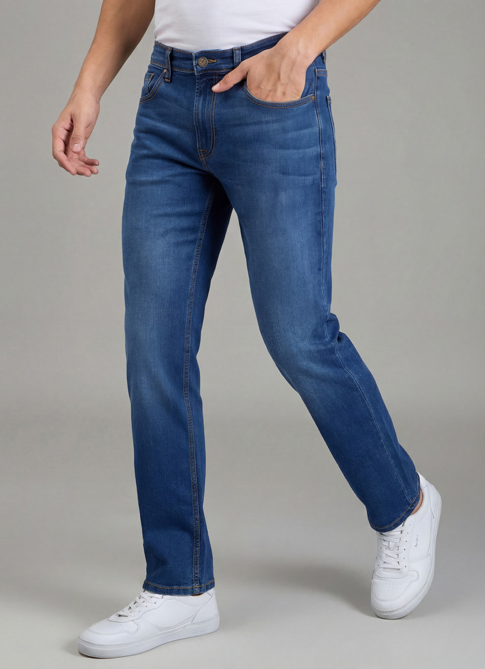 Men Blue Mid Rise Straight Fit Stretchable Jeans, , large image number 0