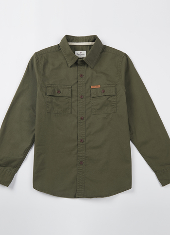Boys Olive Double Pocket Full Sleeve Overdyed Shirt