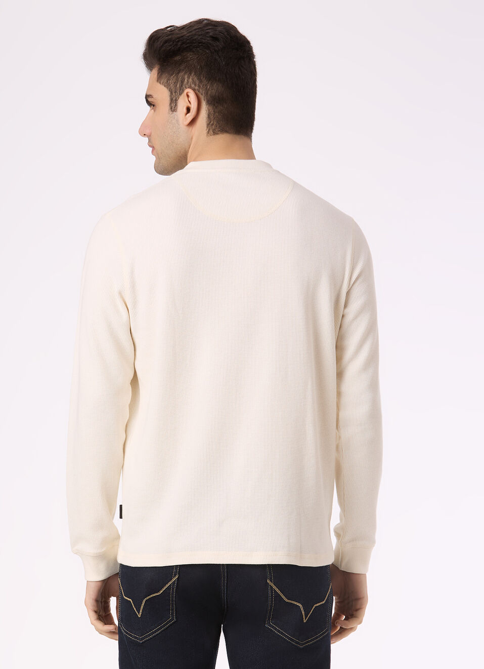 Men Ecru Waffle Knit Henley Neck Full Sleeve T-shirt, , large image number 2