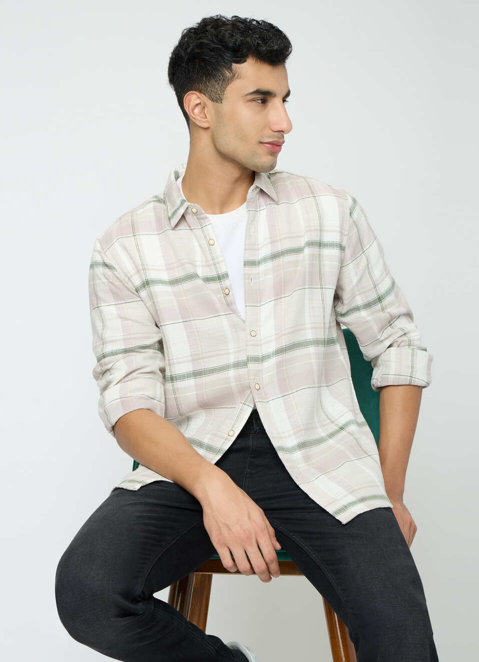 Men Olive Green Checked Shirt, , large image number 0