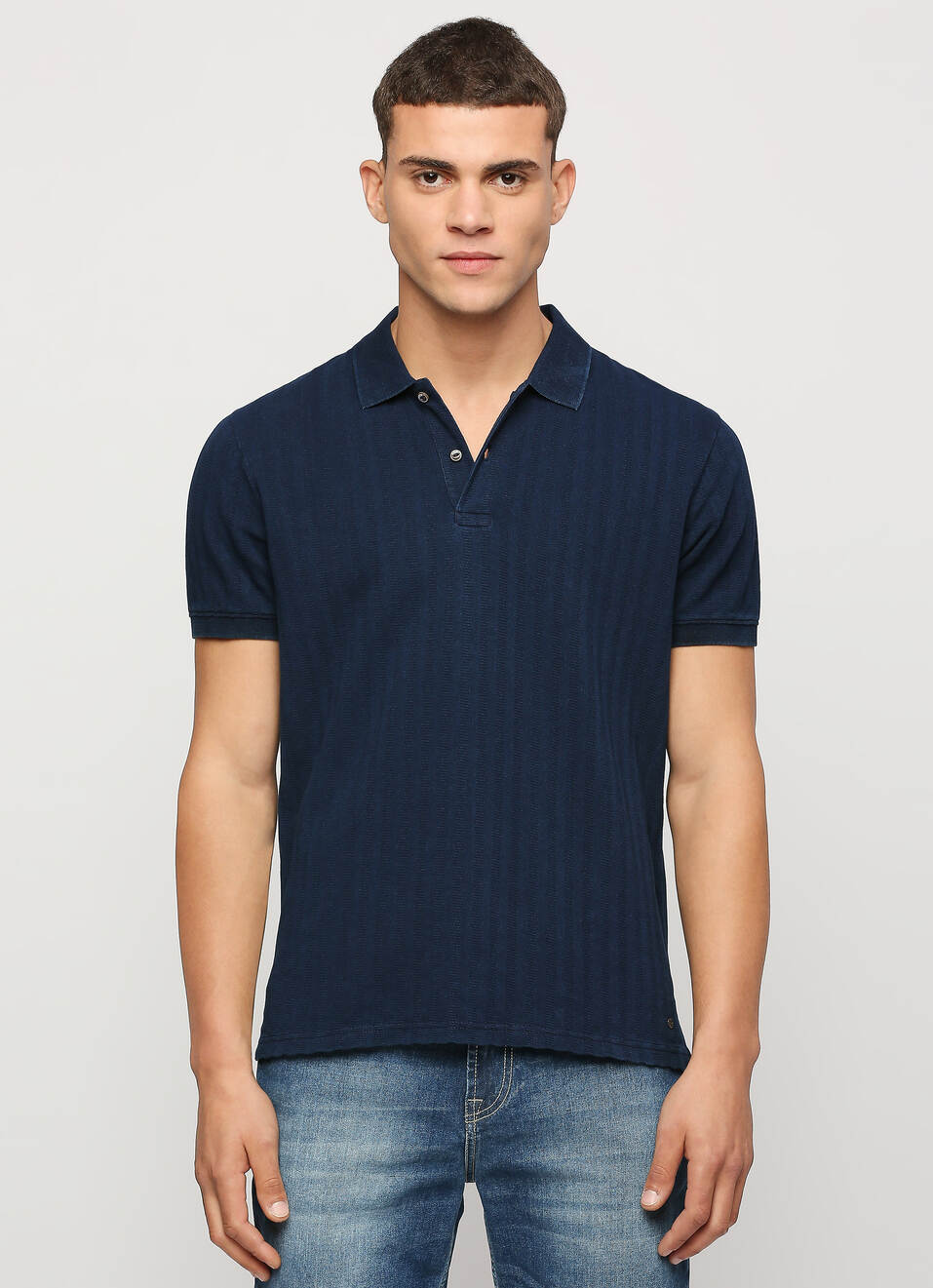 Blue Ribbed Neck Short Sleeve Polo, , large image number 1
