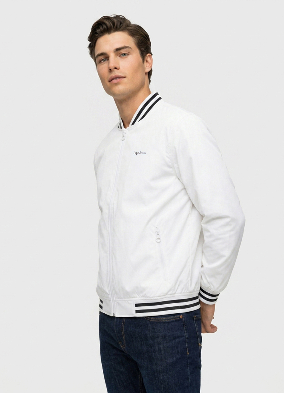 Men White Solid Baseball Collar Long Sleeve Jacket, , large image number 3