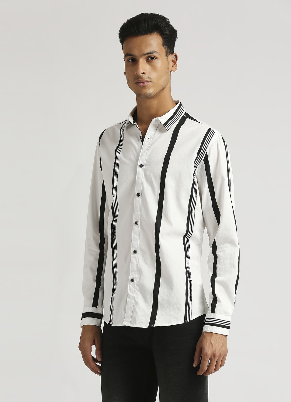 White Narrow Stripes Twill Long Sleeve Shirt, , large image number 3