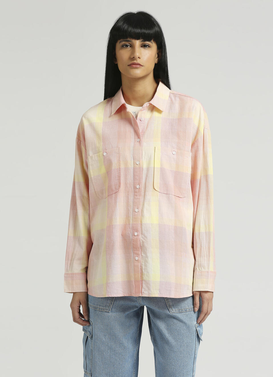 Pink Broad Checks Extended Shoulder Oversized Shirt, , large image number 1