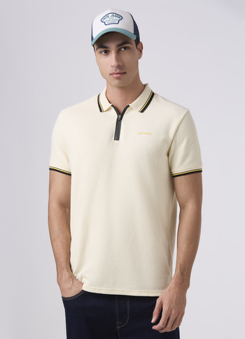 Men Ivory White Zipper Polo Collar T-shirt