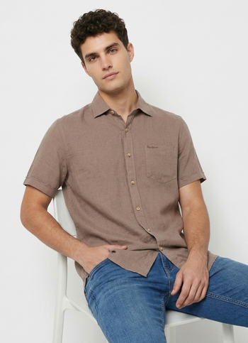 Men Brown Solid Pure Linen Short Sleeve Shirt
