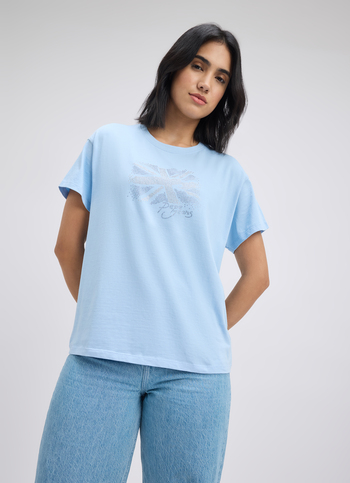 Women Blue Embellished Union Jack Print Short Sleeve T-shirt