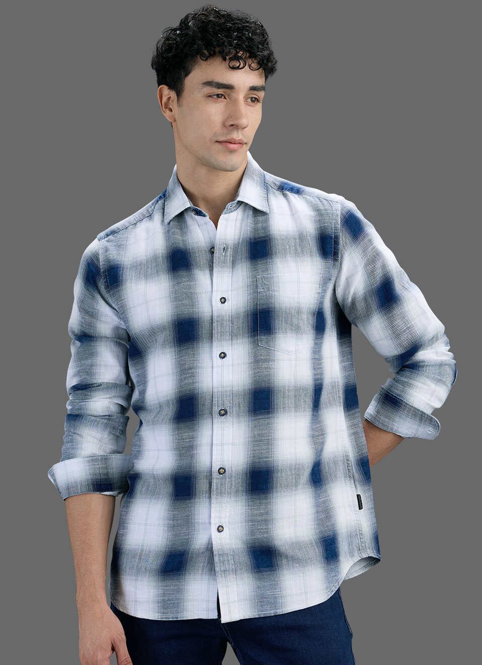 Men Blue Checked Long Sleeve Shirt, , large image number 7