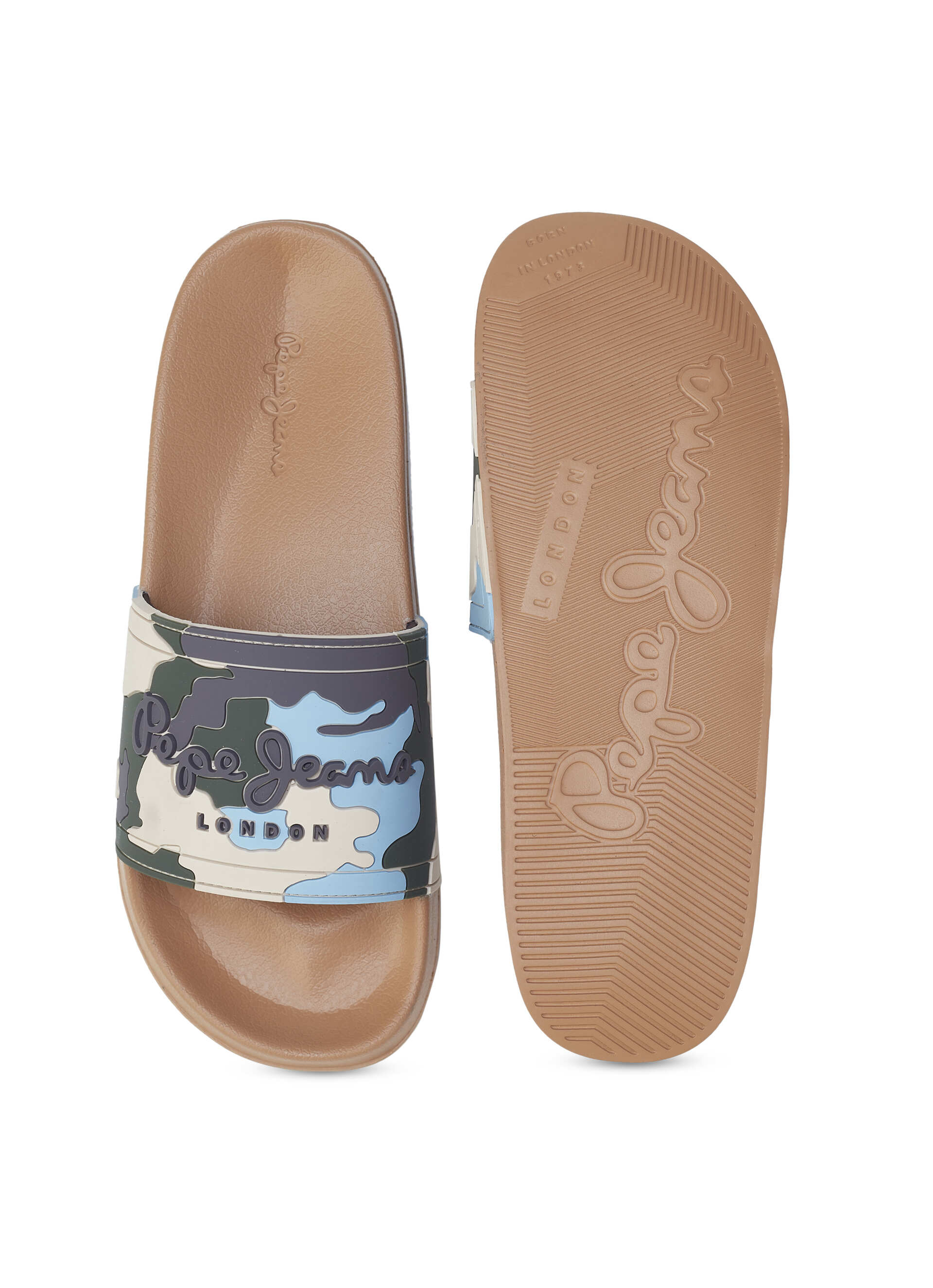 Men Caramel Beige Camouflage Slip On Slides, , large image number 4