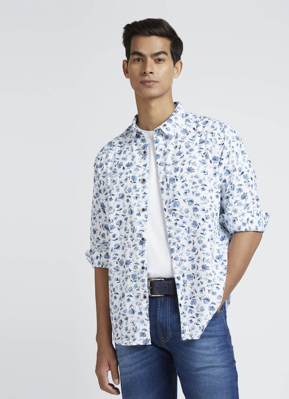 Blue Floral Print Full Sleeve Shirt, , large image number 0