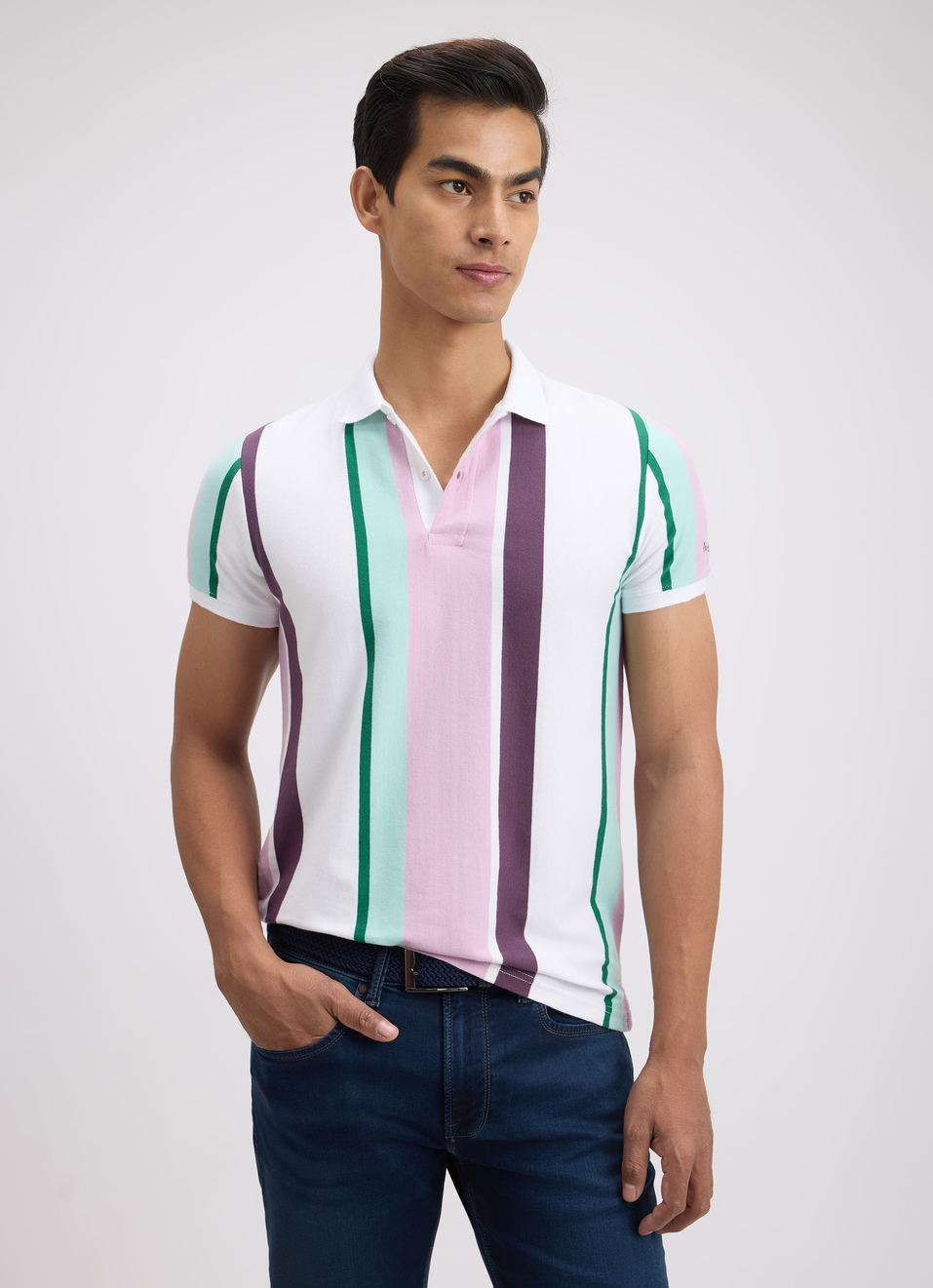 Men Purple Stripe Short Sleeve Polo, , large image number 0