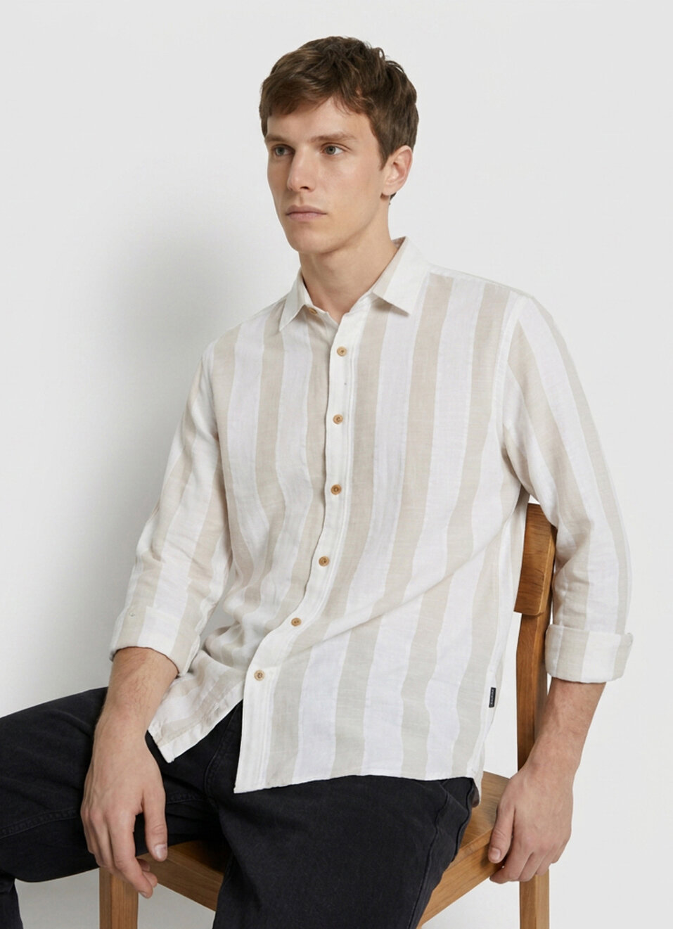 Men Beige Striped Long Sleeve Shirt, , large image number 0
