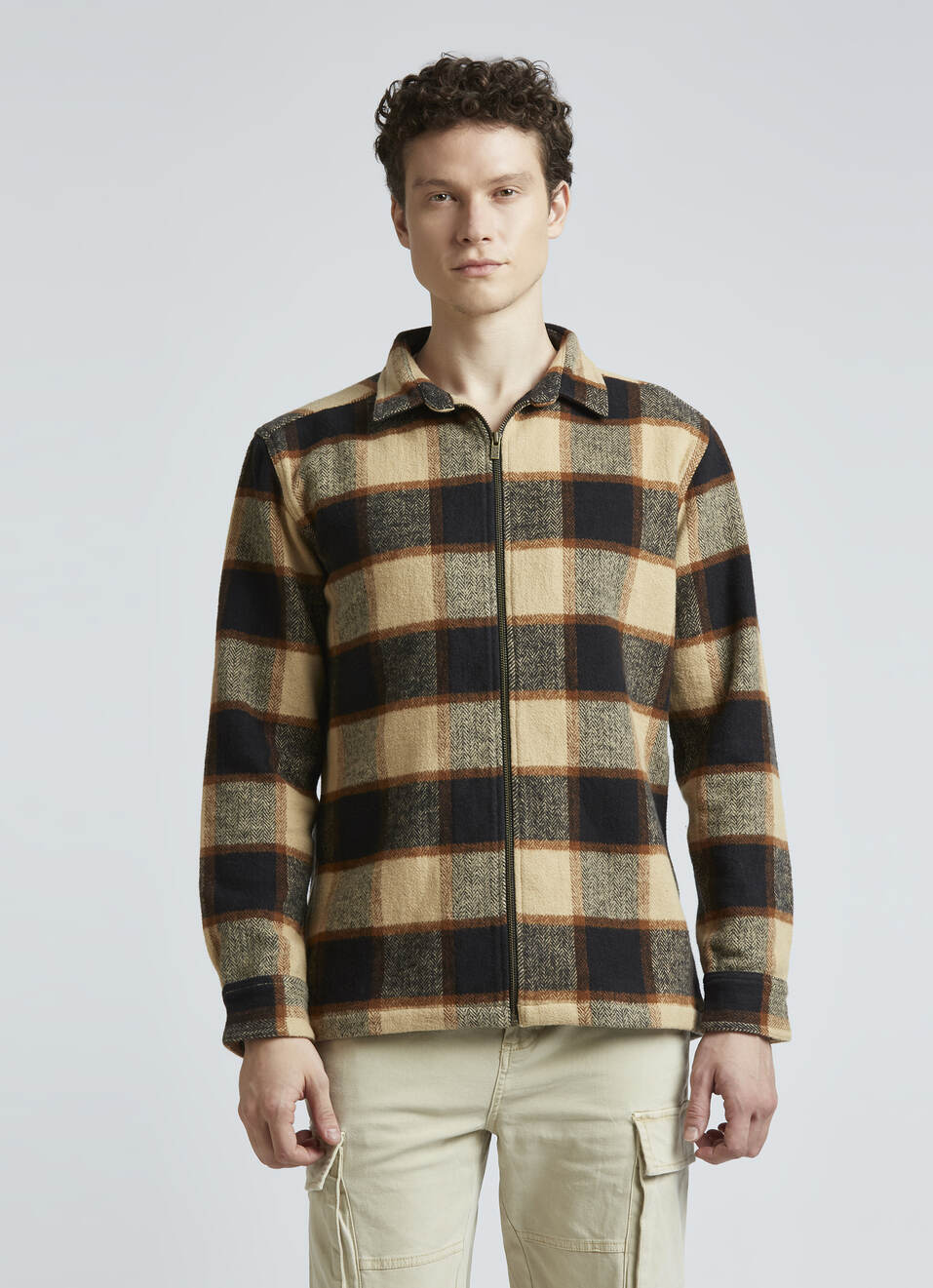 Brown Checks Full Sleeve Zipper Oversized Shirt, , large image number 1
