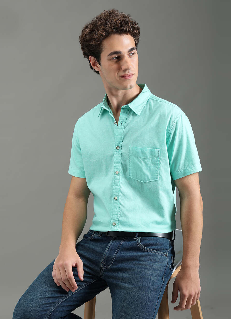 Men Blue Solid Short Sleeve Shirt, , large image number 0