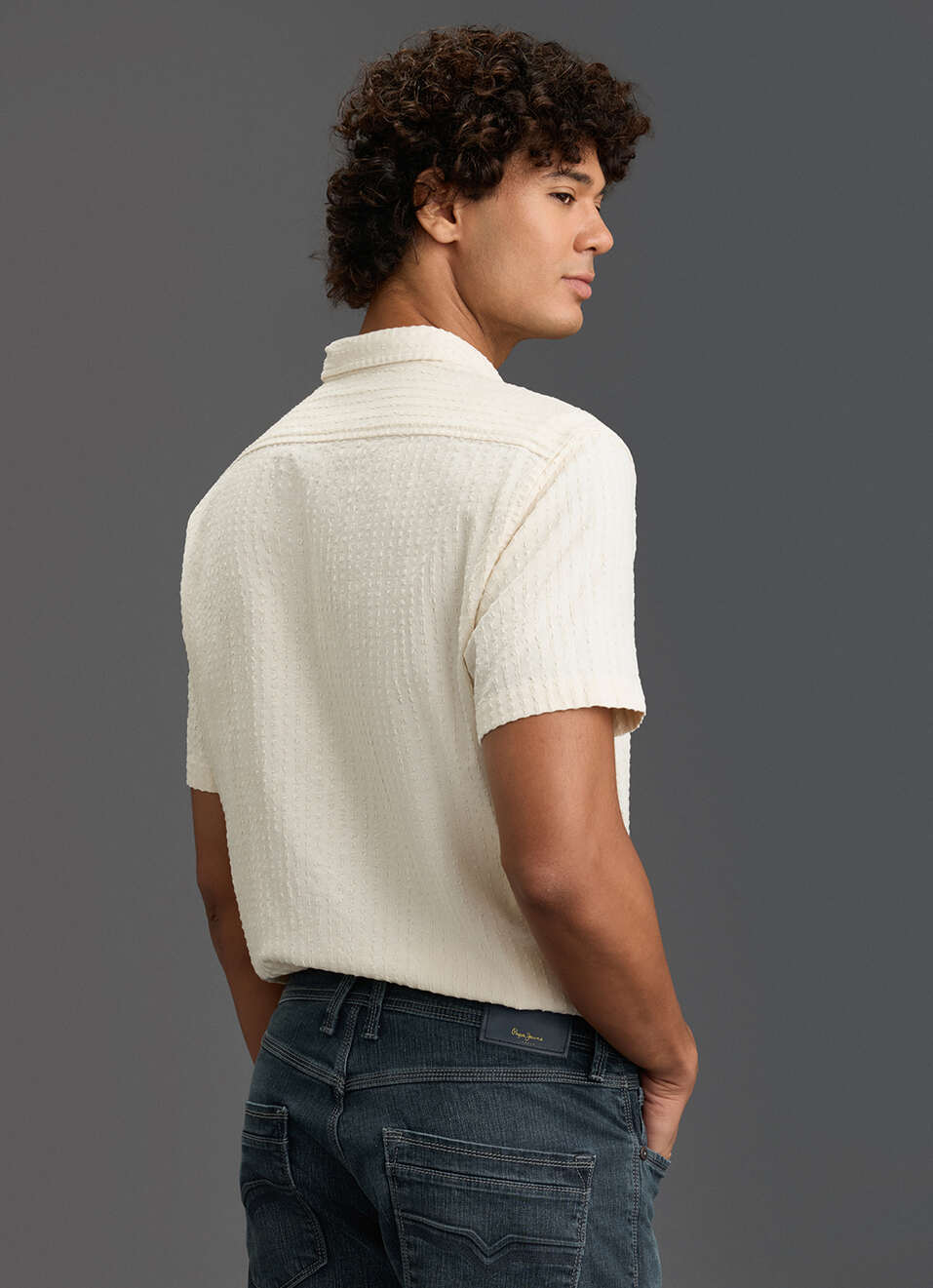 Men Beige Self Textured Regular Fit Short Sleeve Casual Shirt, , large image number 6