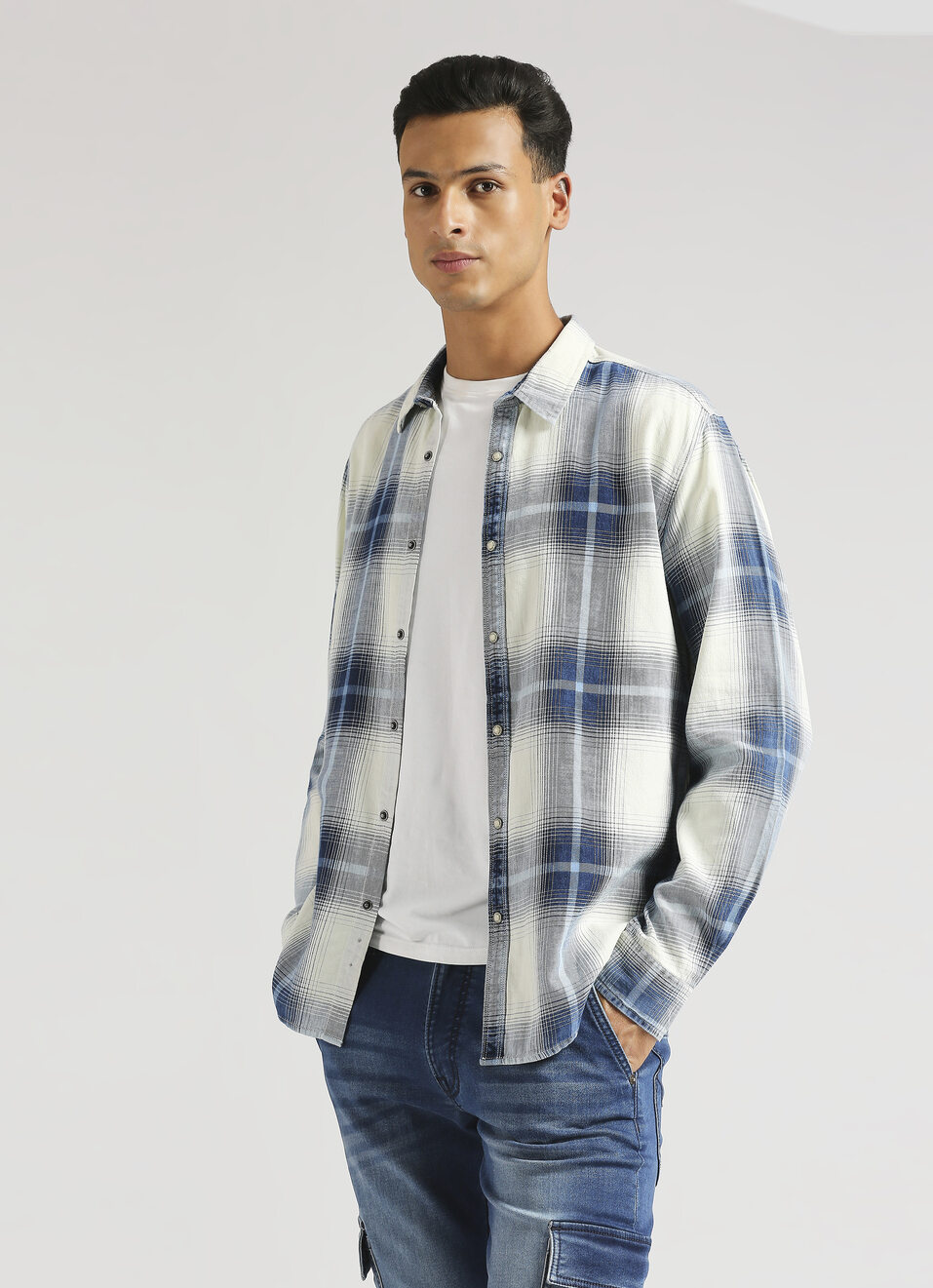 Yarn Dyed Indigo Checks Long Sleeve Shirt, , large image number 0