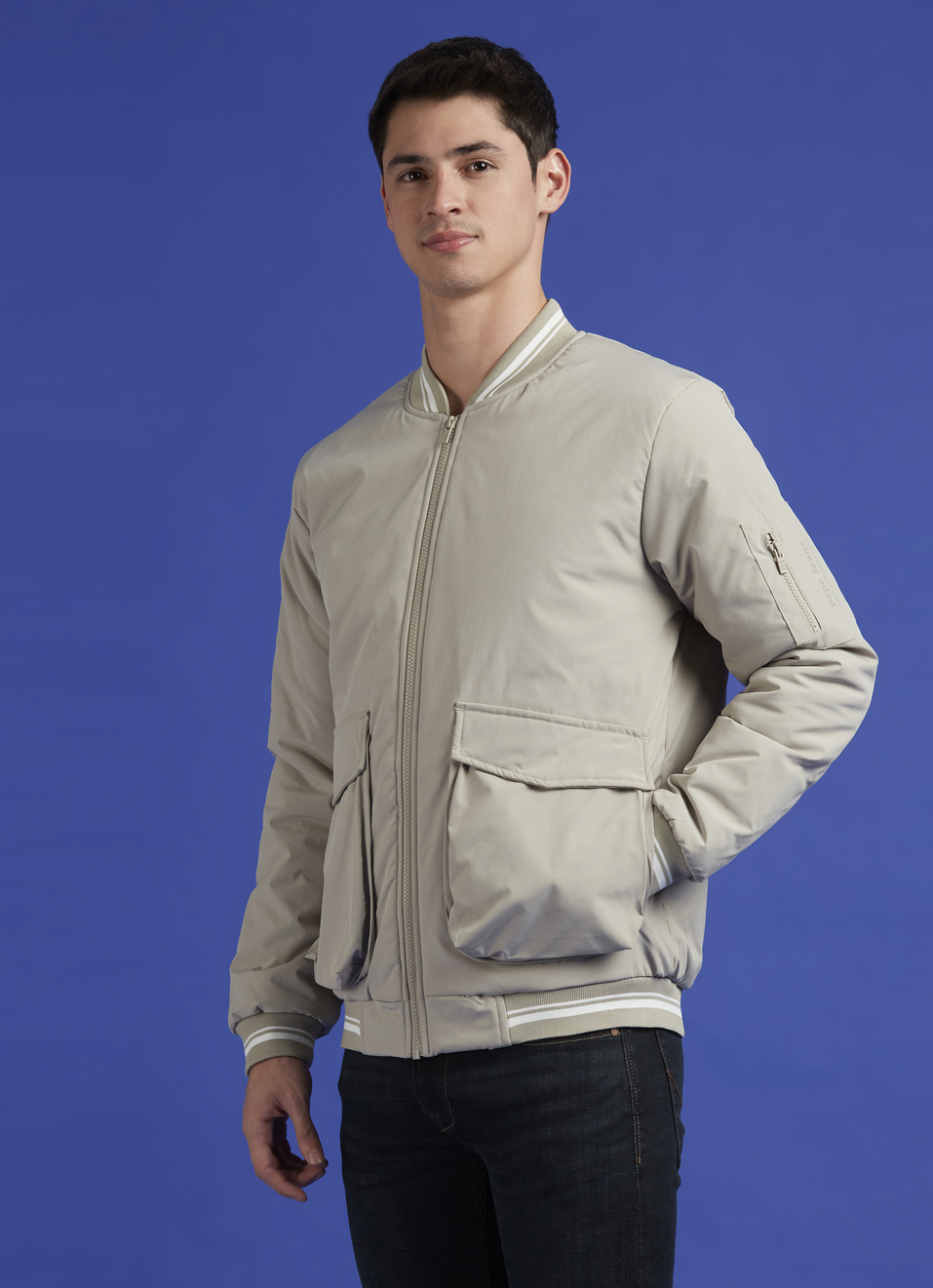 Beige Ribbed Neck Full Sleeve Jacket, , large image number 3