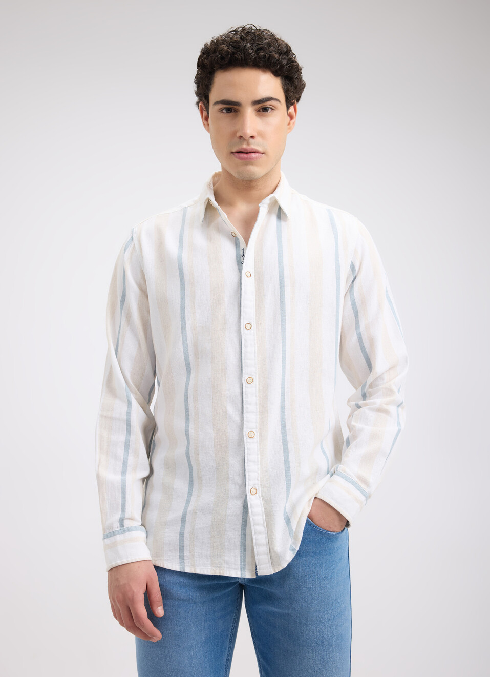 Men Beige Stripe Full Sleeve Shirt, , large image number 1