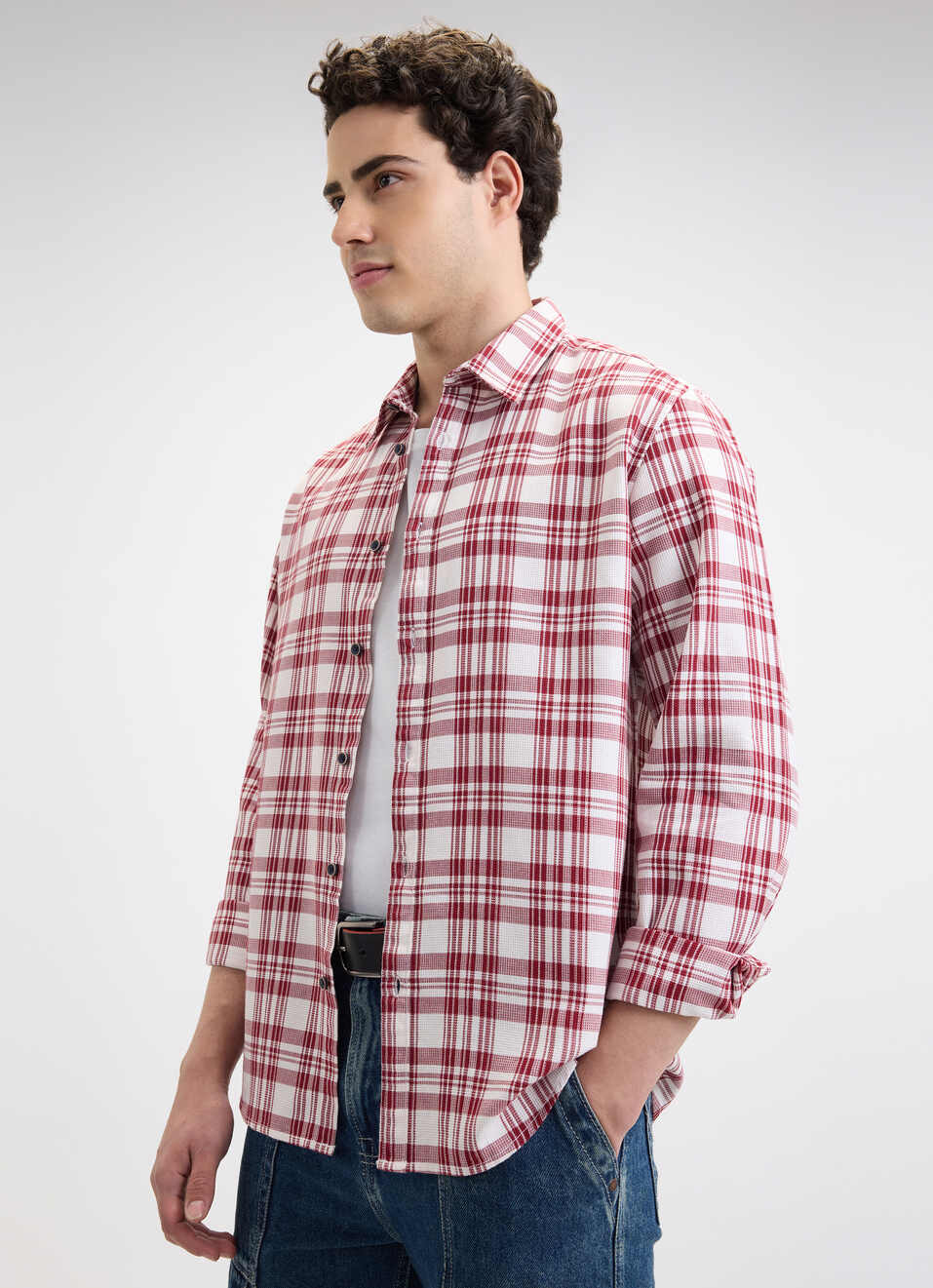 Men Dark Red Check Full Sleeve Shirt, , large image number 0