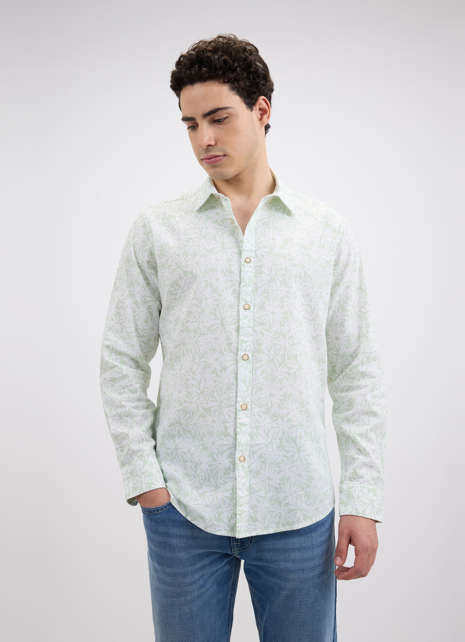Men Green Floral Print Full Sleeve Shirt, , large image number 1