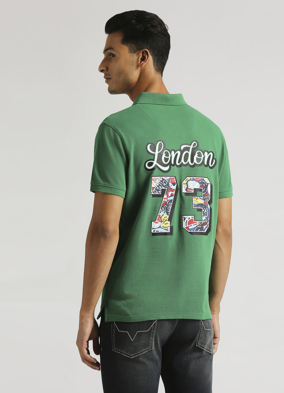 Green Back Print Trendy Short Sleeve Pique Polo, , large image number 2