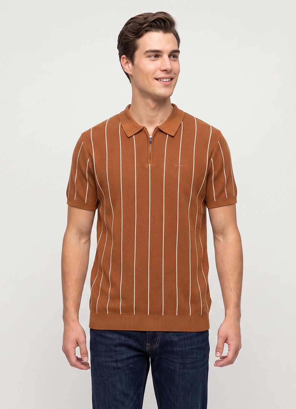 Men Orange Striped Flat Knit Polo Collar T-shirt, , large image number 1