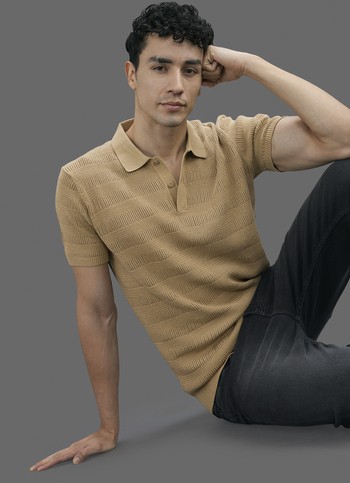 Men Beige Striped Flat Knit Polo Collar T-shirt