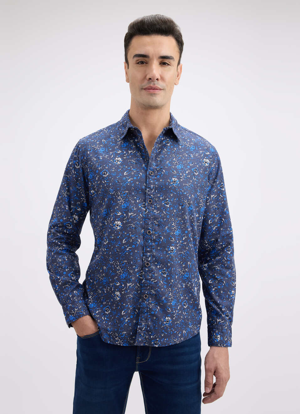 Men Blue Floral Print Full Sleeve Shirt, , large image number 1