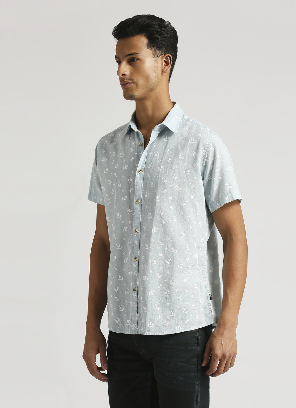 Blue All Over Printed Linen Short Sleeve Shirt, , large image number 3