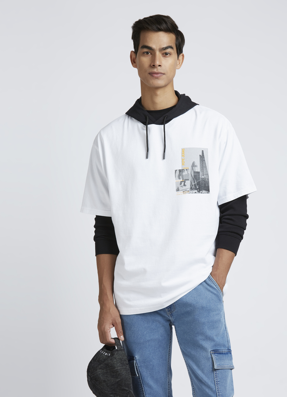 White Short Sleeve Oversized Hooded T-shirt, , large image number 0