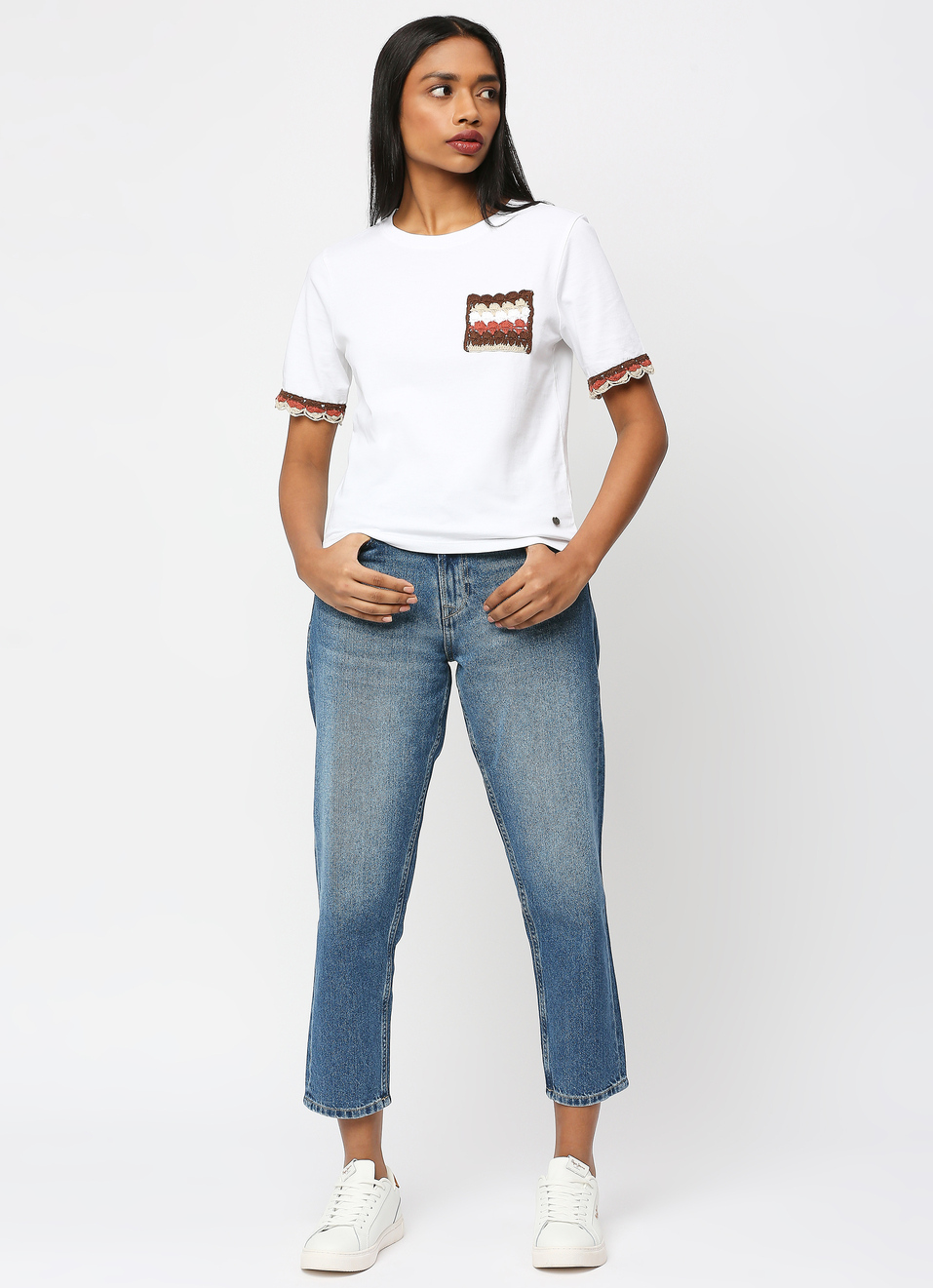 White Lace Detail Short Sleeve T-shirt, , large image number 6
