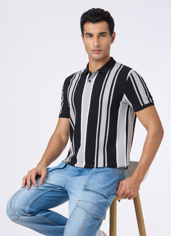 Men Black Vertical Stripe Polo
