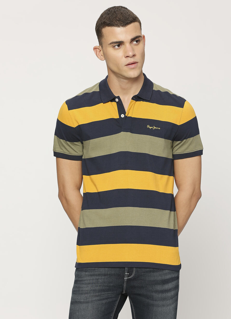 Navy Striped Short Sleeve Polo, , large image number 1