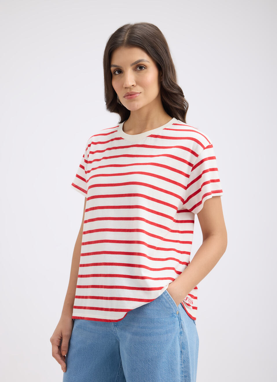 Women Red Stripe Short Sleeve T-shirt, , large image number 3