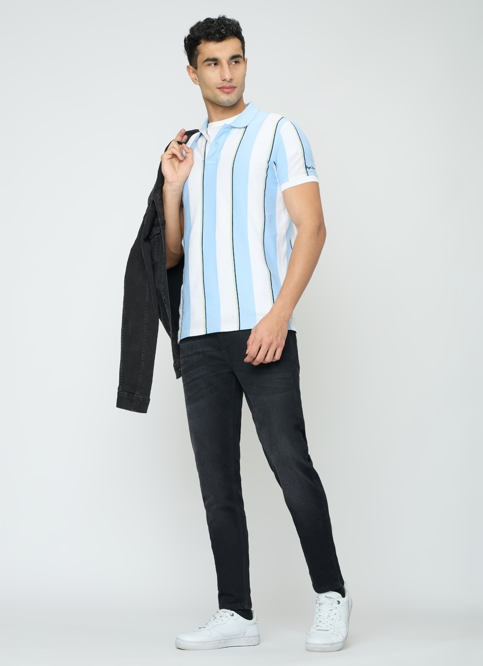 Men Blue Striped Polo Collar T-shirt, , large image number 5