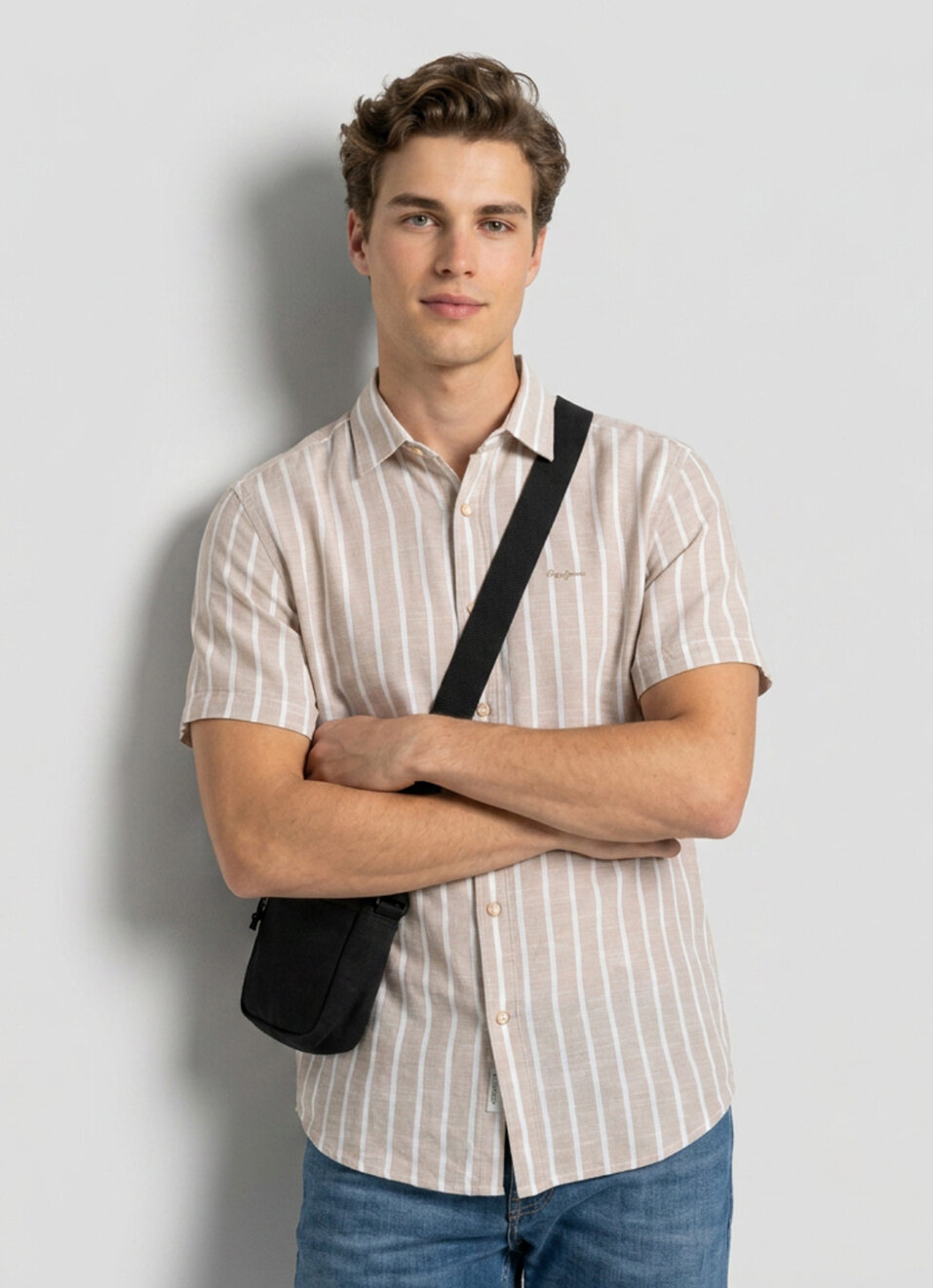 Men Beige Striped Cotton Slub Short Sleeve Shirt, , large image number 0
