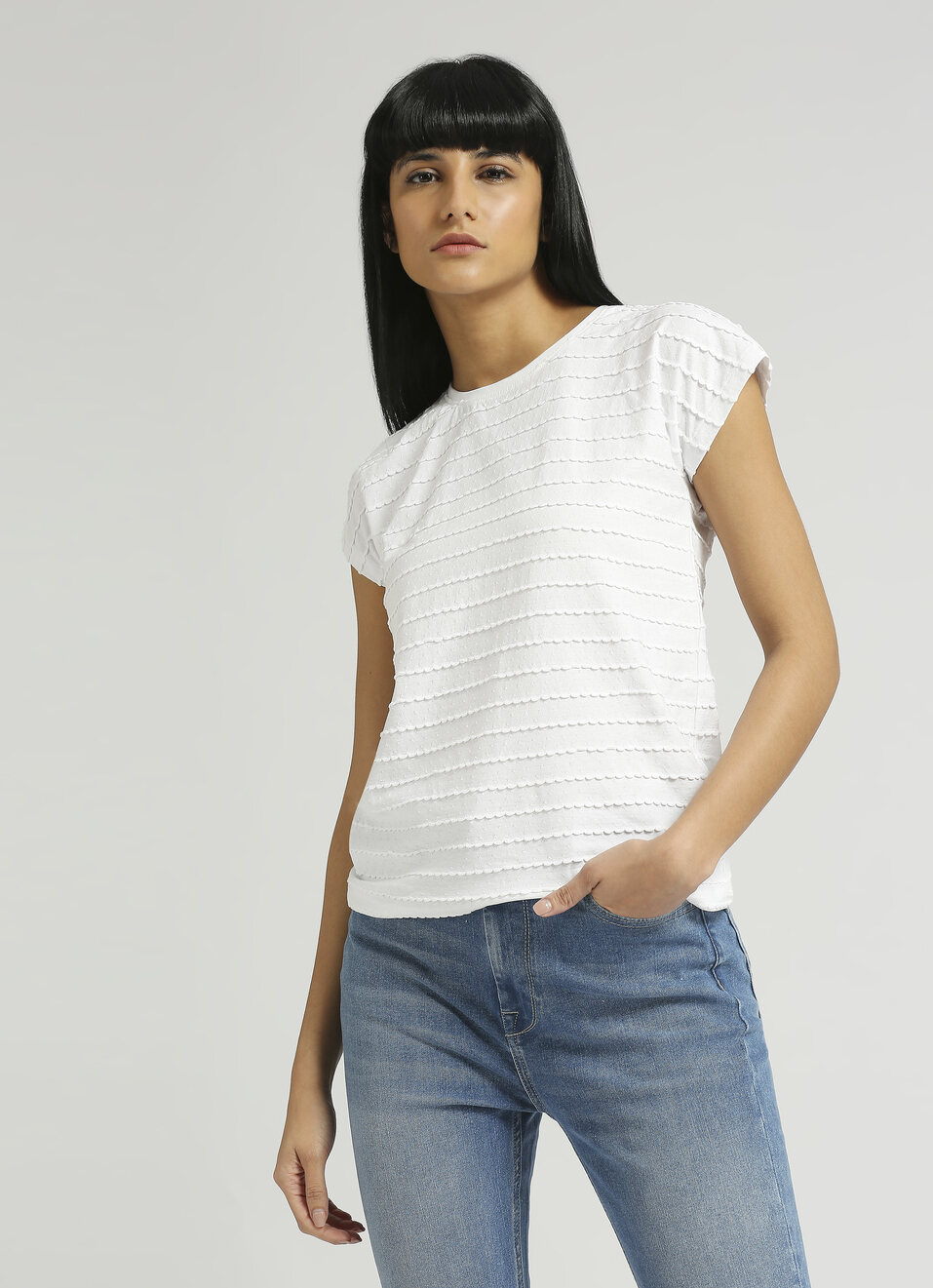 White Textured Extended Shoulder T-shirt, , large image number 0