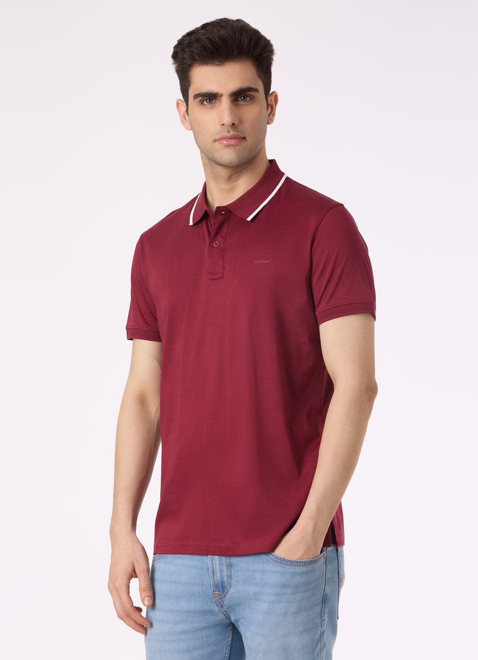 Men Burgundy Solid Contrast Collar Tipping Polo, , large image number 3