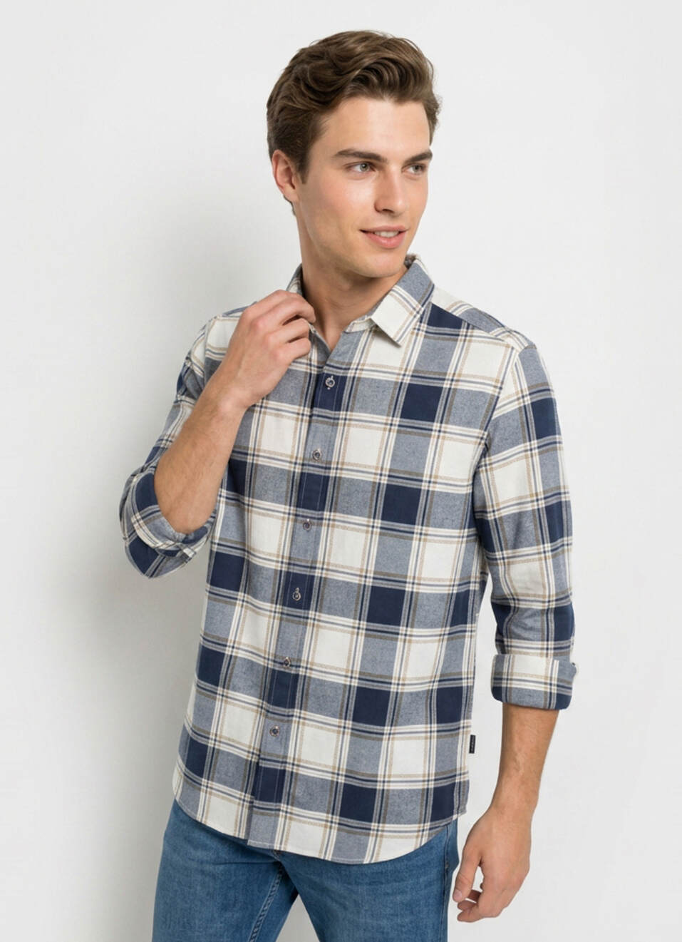Men Blue Checked Dobby Long Sleeve Shirt, , large image number 3