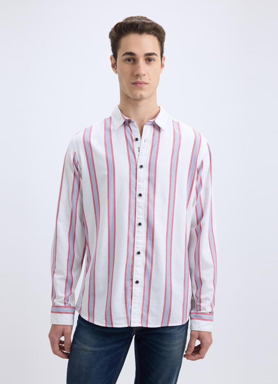 Men White Vertical Stripe Full Sleeve Shirt, , large image number 1