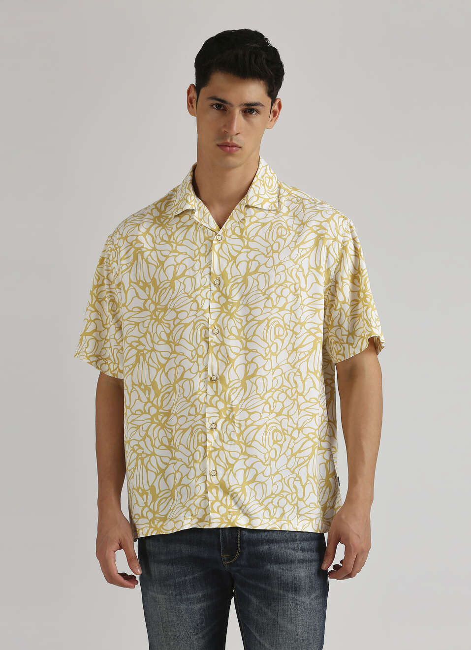 Yellow All Over Print Resort Collar Trendy Short Sleeve Shirt, , large image number 1