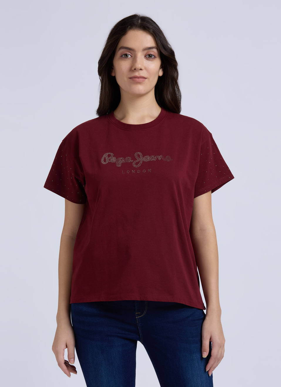 Burgundy Embellished Short Sleeve T-shirt, , large image number 1