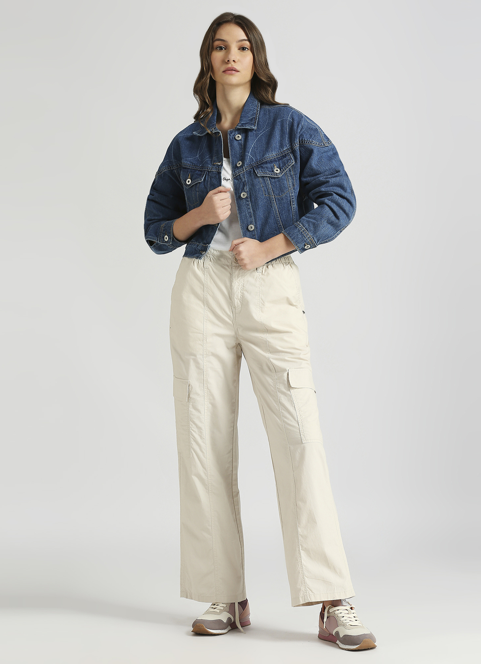 Ecru Mid Rise Parachute Cargo Pants , , large image number 0
