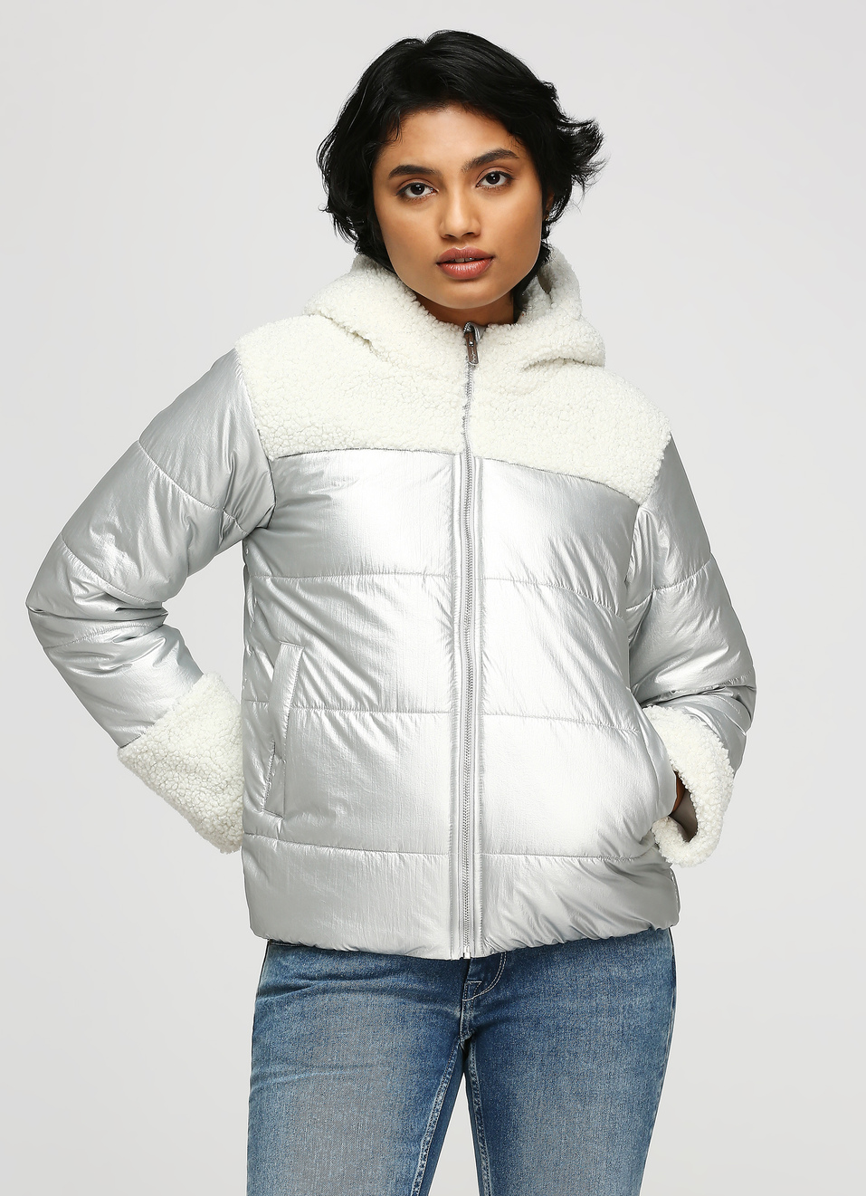 Silver Colour Block  Puffer Jacket, , large image number 1