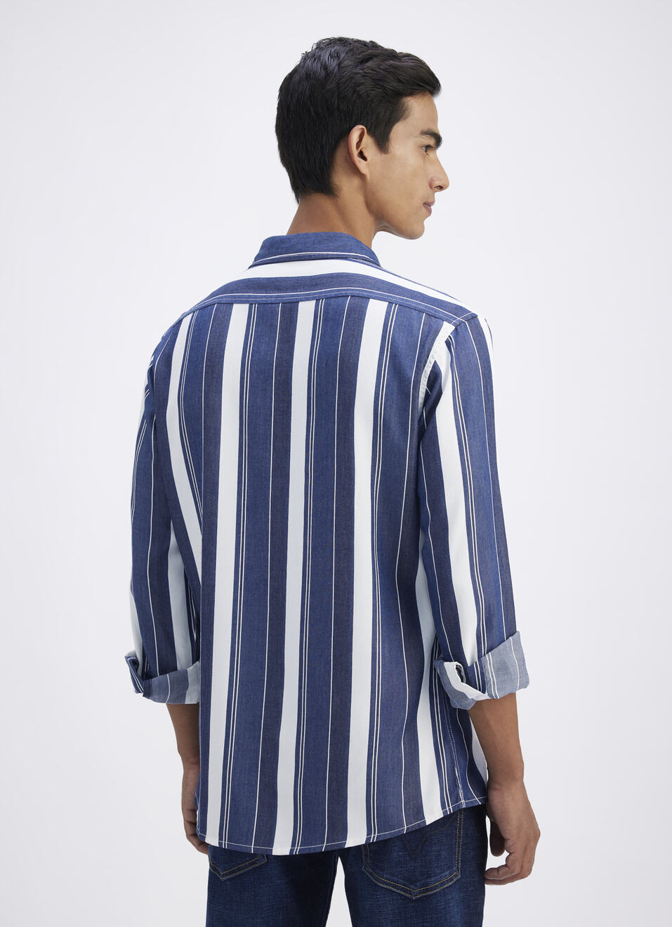 Men Navy & White Bold Striped Cotton Shirt, , large image number 2