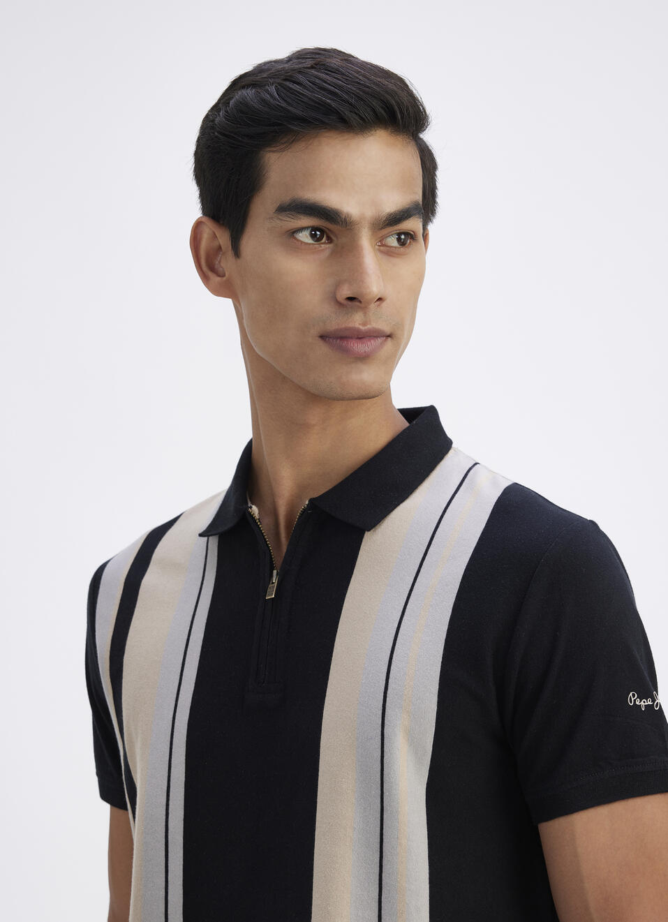 Men Black All Over Stripe Short Sleeve Polo, , large image number 4
